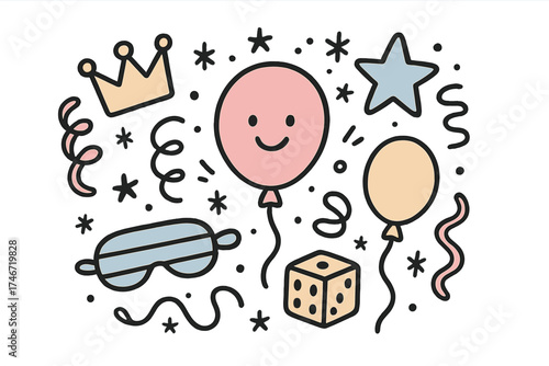 Doodle Party Games. Party games illustration doodle style: hand drawn balloon with smile, crown, star, balloon, blindfold, dice,