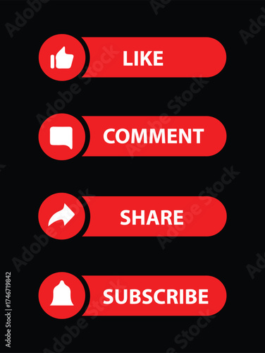 Four red buttons on a black background displaying icons and text for "Like", "Comment", "Share", and "Subscribe".
