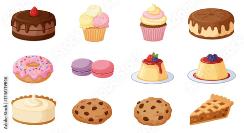 Twelve different desserts arranged in three rows of four on a white background