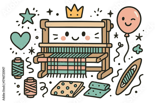 Charming Weaving Doodle. Weaving hobby illustration doodle style: hand drawn loom with smile, crown, star, balloon, threads,