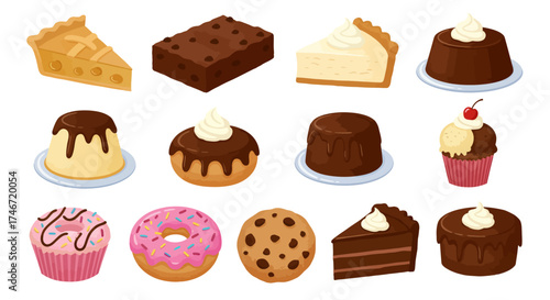 Twelve illustrated sweet desserts including pies brownies cakes donuts and cookies