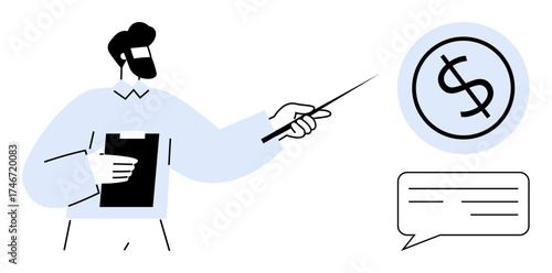 Business professional with clipboard pointing to dollar sign, delivering insights. Ideal for finance, strategy, education, economics, presentations, consultations, simple flat metaphor