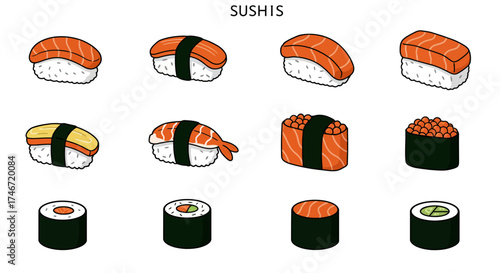 Twelve illustrations of different types of sushi arranged in a threebyfour grid