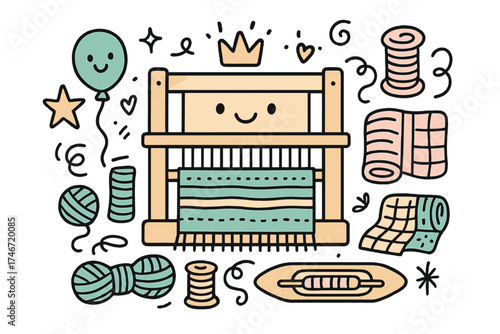 Charming Weaving Doodle. Weaving hobby illustration doodle style: hand drawn loom with smile, crown, star, balloon, threads,