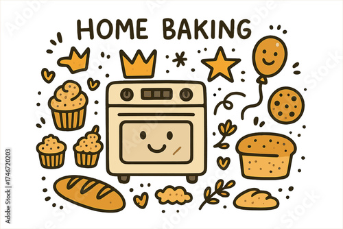Whimsical Baking Doodle. Home baking illustration doodle style: hand drawn oven with smile, crown, star, balloon, cupcakes, bread,