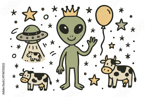 Playful Alien Doodle. Alien encounter illustration doodle style: hand drawn alien with smile, crown, star, balloon, UFO, cows, and