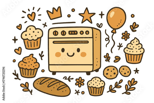 Whimsical Baking Doodle. Home baking illustration doodle style: hand drawn oven with smile, crown, star, balloon, cupcakes, bread,