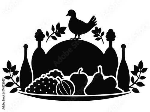 Vector art of thanksgiving centerpiece with fruits, vegetables and a bird