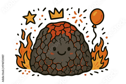 Doodling Lava Rocks. Lava rock texture illustration doodle style: hand drawn molten rock with smile, crown, star, balloon, cracks,