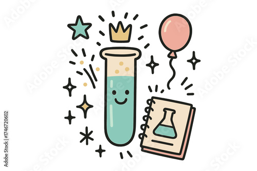 Whimsical Science Doodle. Science experiment illustration doodle style: hand drawn test tube with smile, crown, star, balloon,