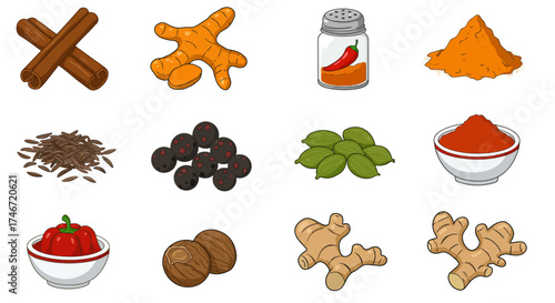 Twelve illustrations of various whole and ground spices arranged in a threebyfour grid