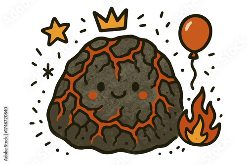 Doodling Lava Rocks. Lava rock texture illustration doodle style: hand drawn molten rock with smile, crown, star, balloon, cracks,
