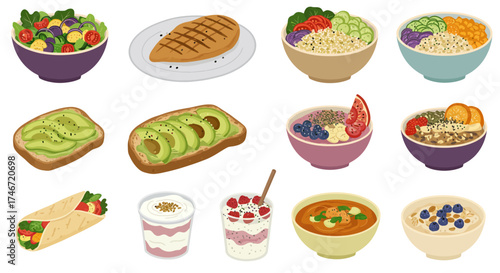 Twelve individual servings of healthy breakfast and lunch items displayed in rows