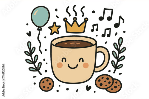 Happy Coffee Doodle. Coffee vibes illustration doodle style: hand drawn happy coffee mug with smile, crown, star, balloon, music