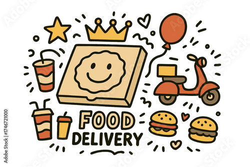 Playful Food Delivery. Food delivery illustration doodle style: hand drawn pizza box with smile, crown, star, balloon, scooter,