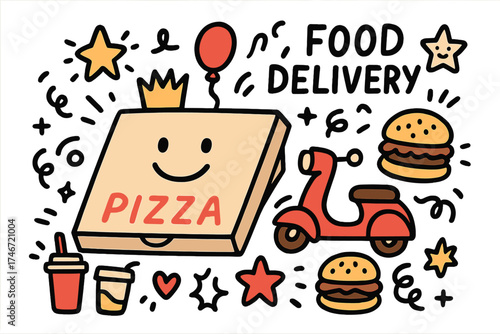 Playful Food Delivery. Food delivery illustration doodle style: hand drawn pizza box with smile, crown, star, balloon, scooter,