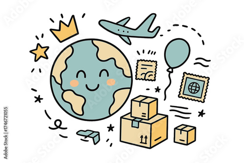 Global Delivery Doodle. International delivery illustration doodle style: hand drawn globe with smile, crown, star, balloon, plane