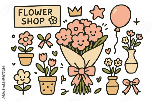 Charming Floral Doodle. Flower shop illustration doodle style: hand drawn flower bouquet with smile, crown, star, balloon, pots,
