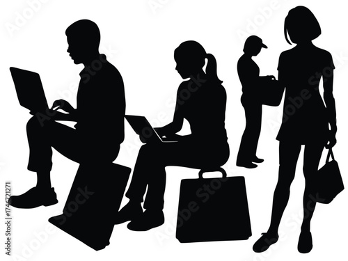 Vector art of silhouette of people using laptop at airport