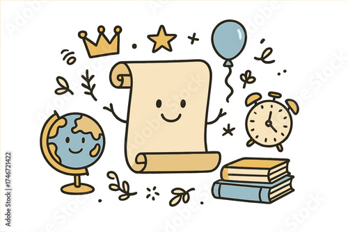 Playful History Doodle. History class illustration doodle style: hand drawn scroll with smile, crown, star, balloon, globe, books,
