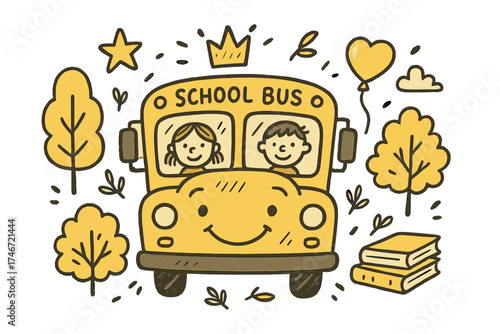 Playful School Bus. School bus illustration doodle style: hand drawn yellow bus with smile, crown, star, balloon, kids, books, and