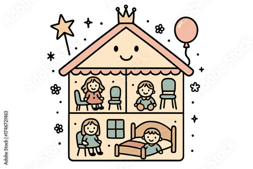 Whimsical Dollhouse Doodle. Dollhouse illustration doodle style: hand drawn dollhouse with smile, crown, star, balloon, dolls,