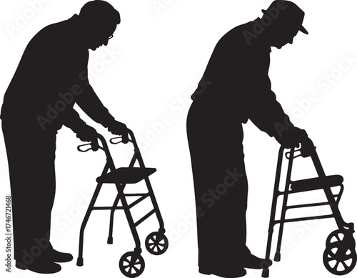 Two elderly men walking with walkers silhouette