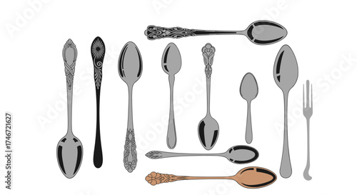 A collection of antique and modern spoons and one fork displayed together.
