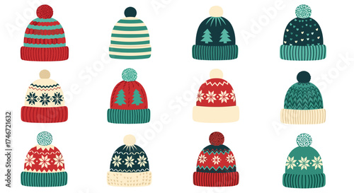 A charming collection of twelve festive knitted winter hats with colorful pom poms and patterns.
