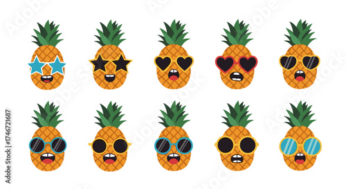 A collection of cute and fun cartoon pineapples wearing various styles of sunglasses for a sunny day.