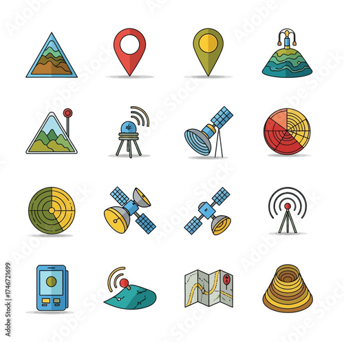 Set of colorful geolocation and satellite technology icons, perfect for navigation and exploration