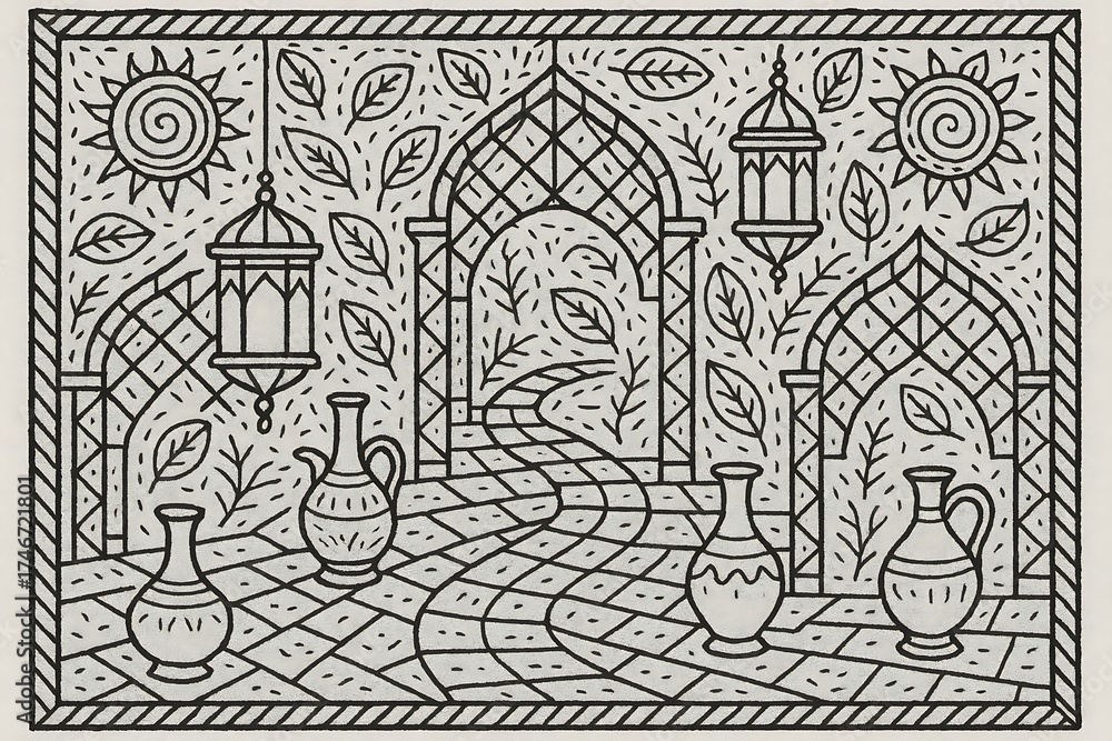 Fototapeta premium An enchanting garden scene with lanterns and vases, isolated on white background, captures the essence of a peaceful oasis with ornate details