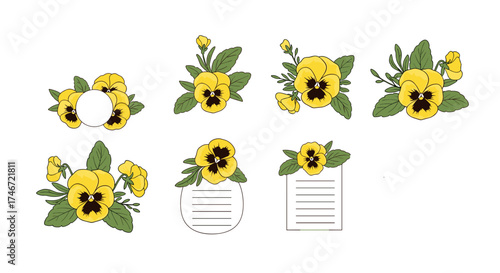 Collection of yellow pansy floral decorative elements with green leaves and subtle watercolor textures.
