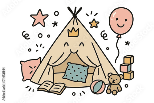 Cute Playroom Doodle. Playroom illustration doodle style: hand drawn play tent with smile, crown, star, balloon, cushions, toys,