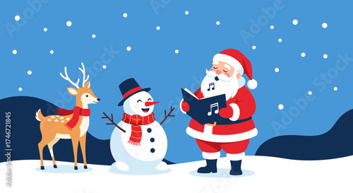 Santa Claus snowman and reindeer singing carols together on a snowy Christmas night.
