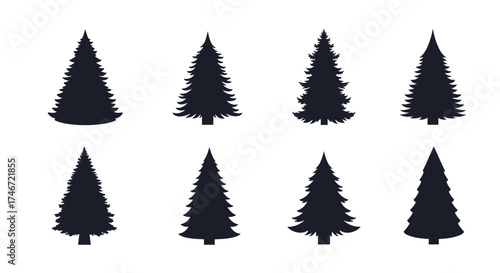 A collection of silhouette images of various pine trees in a natural forest setting.