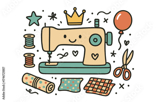 Cute Sewing Machine Doodle. Sewing hobby illustration doodle style: hand drawn sewing machine with smile, crown, star, balloon,