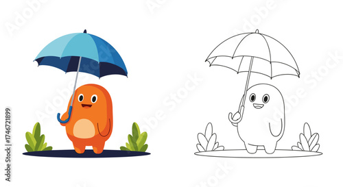 An adorable orange cartoon monster holding a blue umbrella for protection from the rain.