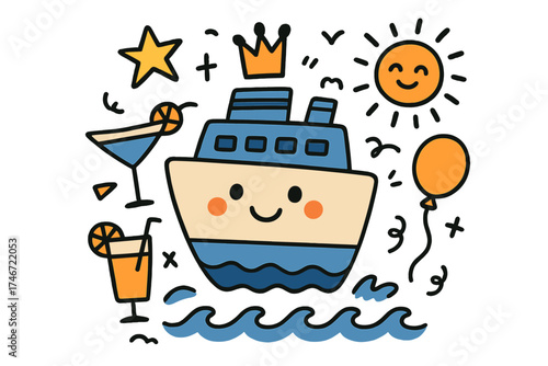 Whimsical Cruise Adventure. Cruise adventure illustration doodle style: hand drawn ship with smile, crown, star, balloon,