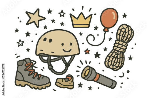 Adventure Gear Doodle. Adventure gear illustration doodle style: hand drawn helmet with smile, crown, star, balloon, rope, shoes,