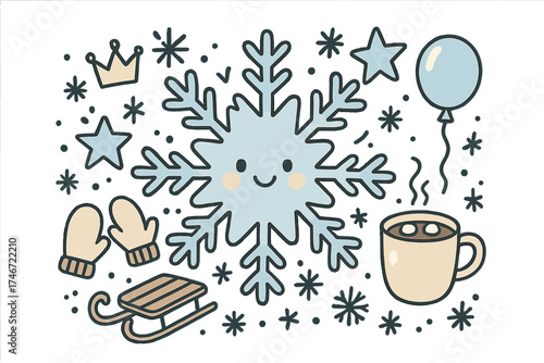 Cute Winter Illustration. Winter snow illustration doodle style: hand drawn snowflake with smile, crown, star, balloon, mittens,