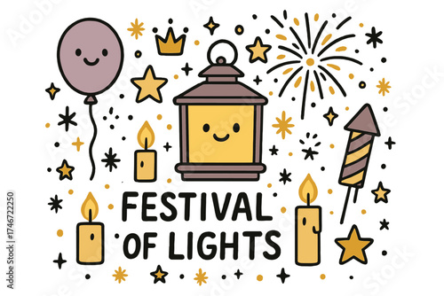 Whimsical Lights Festival. Festival of lights illustration doodle style: hand drawn lantern with smile, crown, star, balloon,