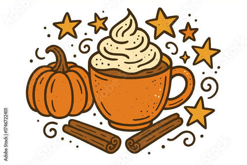 Pumpkin Spice Delight. Pumpkin spice doodle illustration with coffee cup, cinnamon sticks, whipped cream and autumn stars isolated