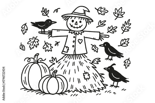 Scarecrow and Harvest Scene. Scarecrow doodle illustration with haystack, pumpkins, crows and autumn leaves isolated transparent