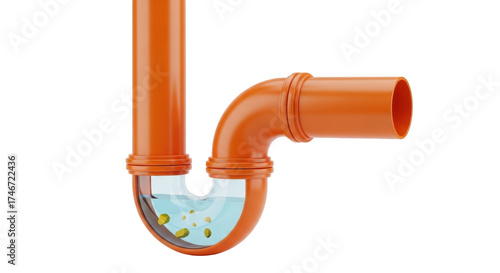 Isolated orange P-trap with water and sediment, sewer pipe trap for drainage system