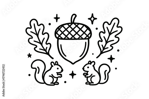 Acorn and Squirrels Doodle. Acorn doodle vector with oak leaves, squirrels and stars isolated transparent background