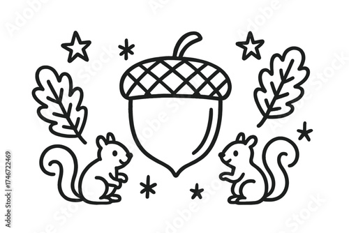 Acorn and Squirrels Doodle. Acorn doodle vector with oak leaves, squirrels and stars isolated transparent background