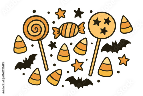 Halloween Candy Doodle. Halloween candy doodle vector with lollipops, candy corn, stars and bats isolated transparent background