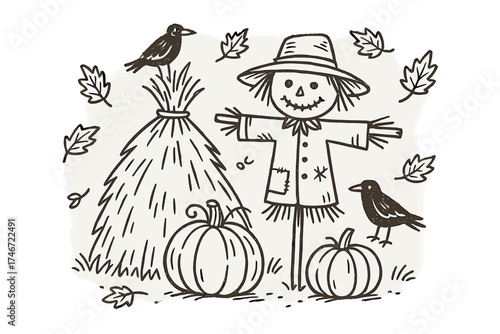 Scarecrow and Harvest Scene. Scarecrow doodle illustration with haystack, pumpkins, crows and autumn leaves isolated transparent
