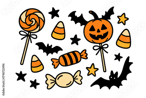 Halloween Candy Doodle. Halloween candy doodle vector with lollipops, candy corn, stars and bats isolated transparent background